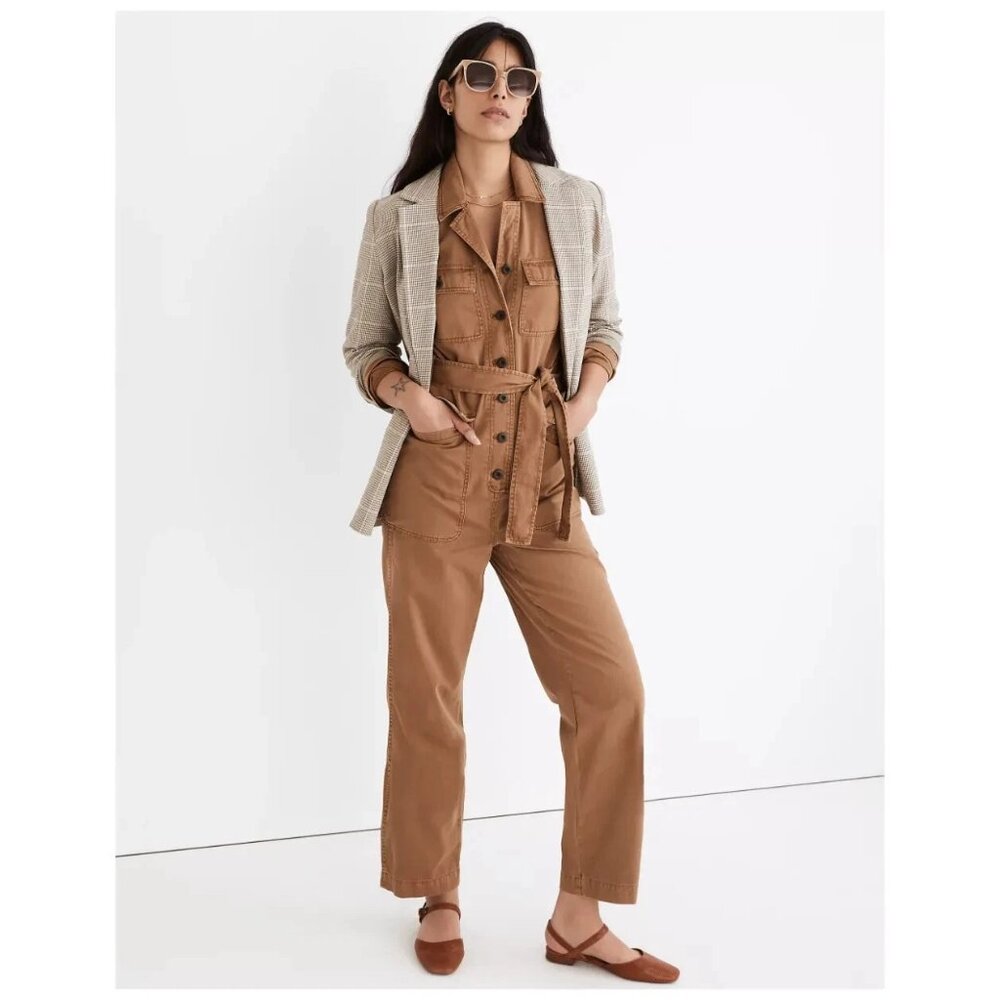 Madewell Utility‎ Jumpsuit Small Tan Brown Tie Waist Button Front Relaxed Fit
